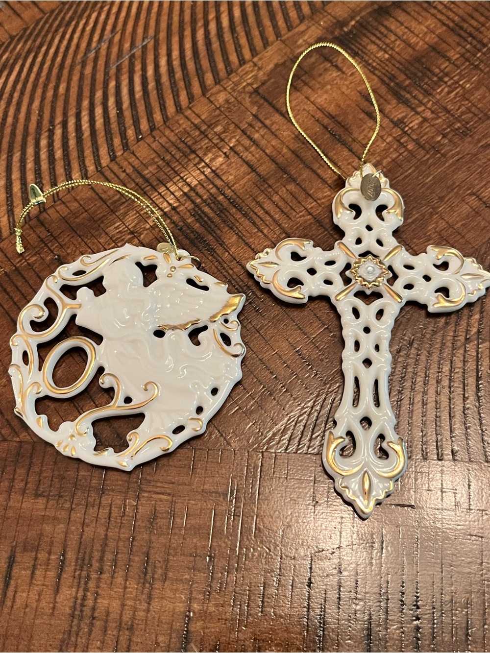 Lenox Porcelain White and Gold Ceramic Cross and Angel Ornaments  2007